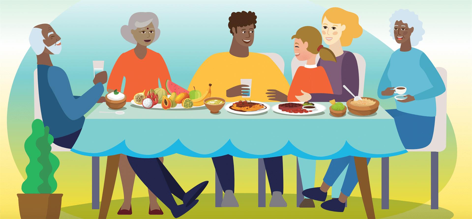 Graphic of a group of people eating food at a table